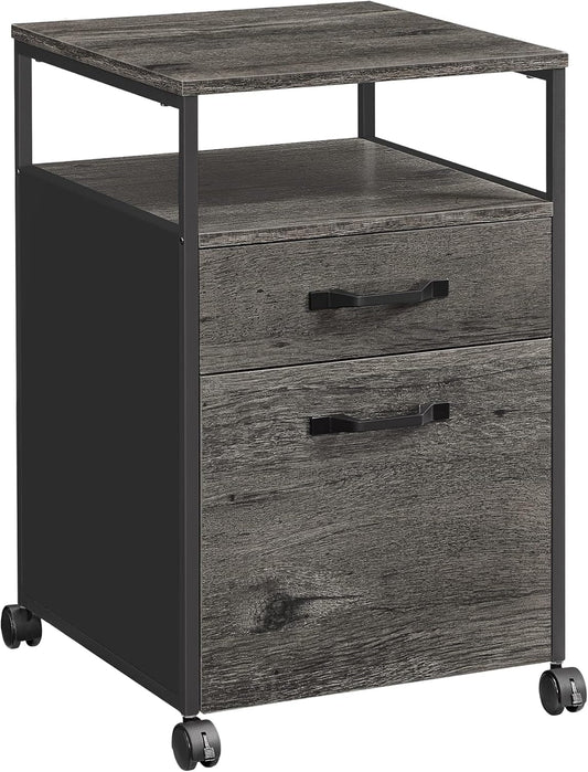 File Cabinet, Mobile Filing Cabinet with Wheels, 2 Drawers, Open Shelf, for A4, Letter Size, Hanging File Folders, Charcoal Gray and Ink Black UOFC071B04-0