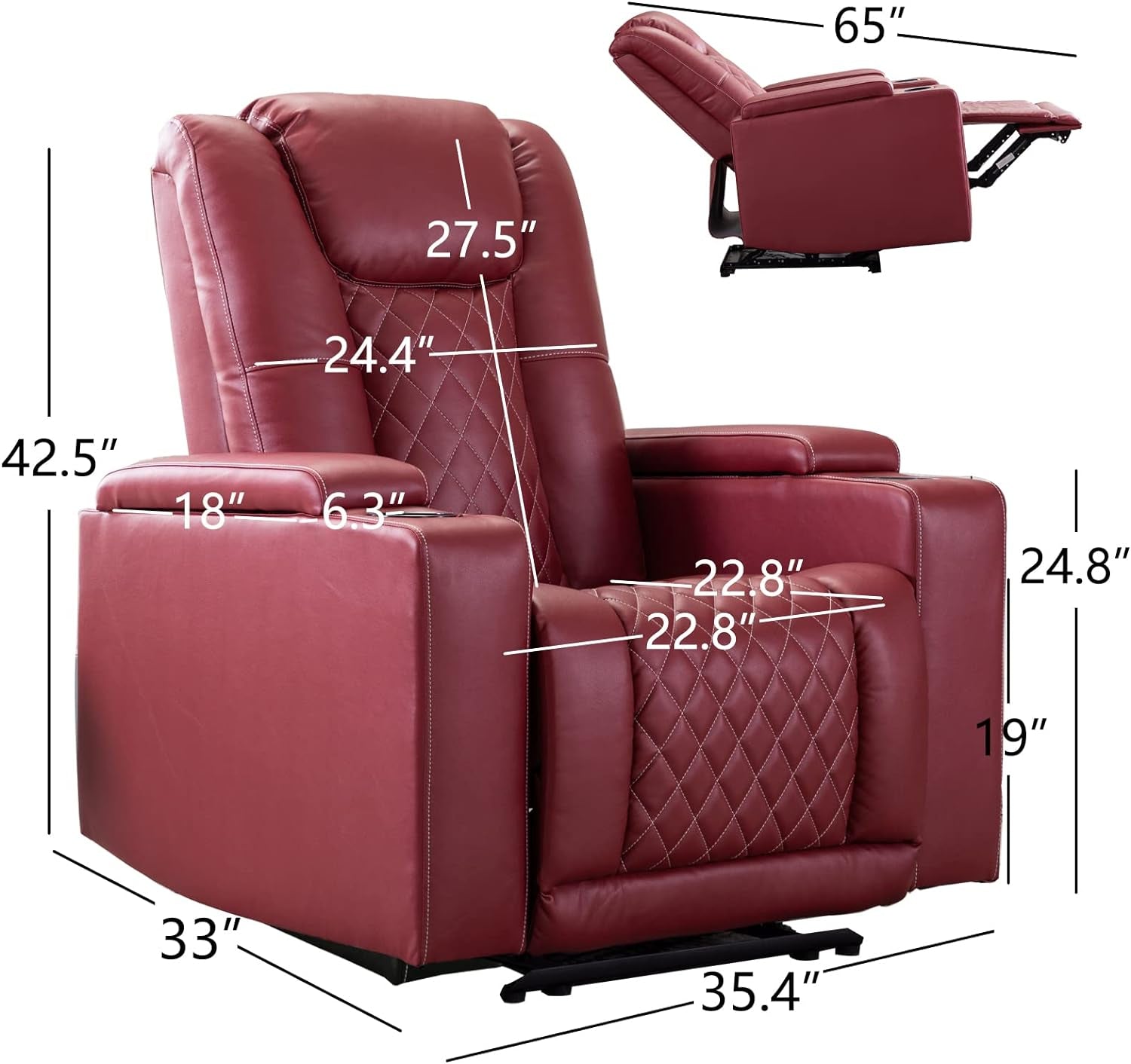Power Recliner Chair Set of 3, PU Leather Electric Home Theater Seating with USB Ports and Cup Holders, Red Overstuffed Reclining Furniture with Hidden Arm Storage-1