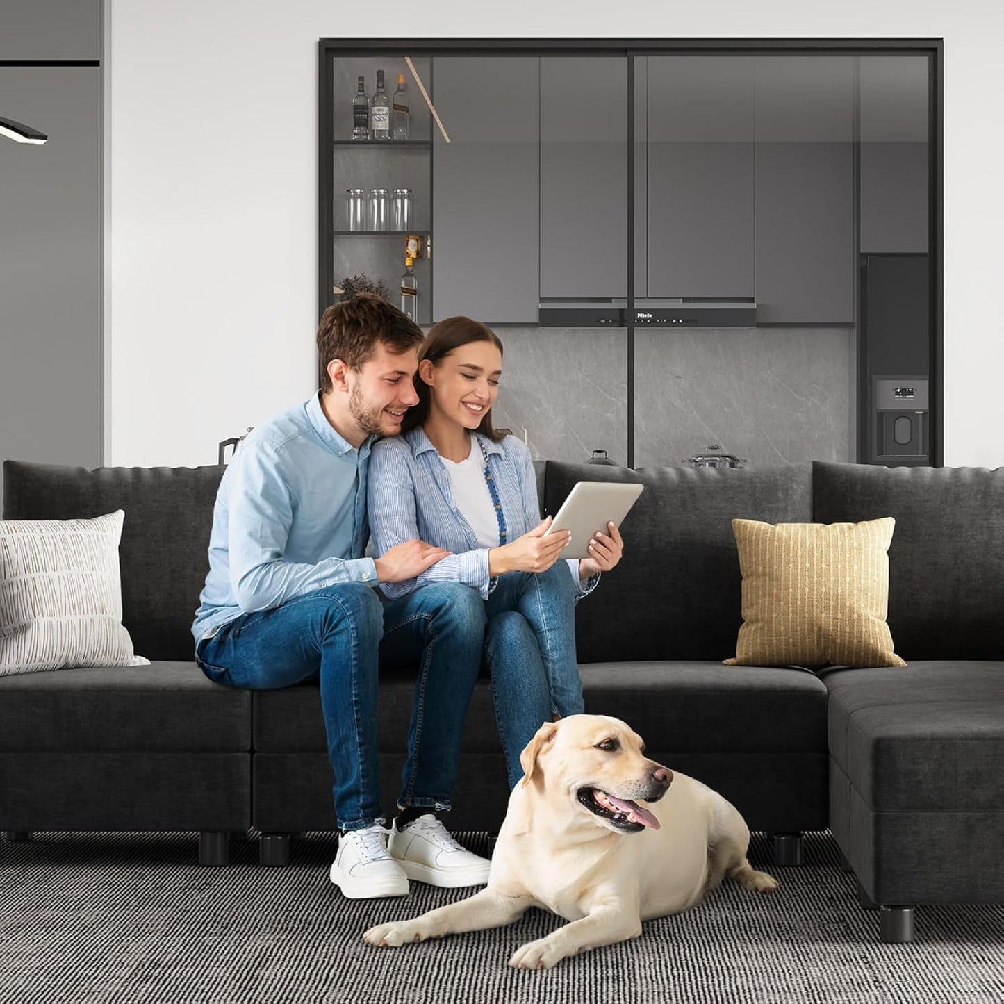 Dark Grey Modular U-Shaped Sectional, Storage, USB-0