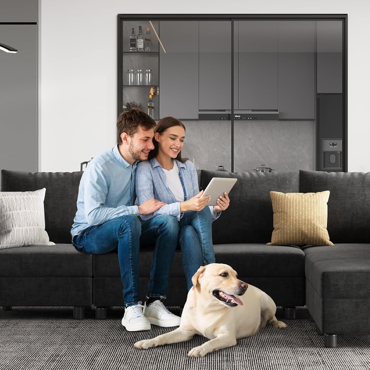 Dark Grey Modular U-Shaped Sectional, Storage, USB-0