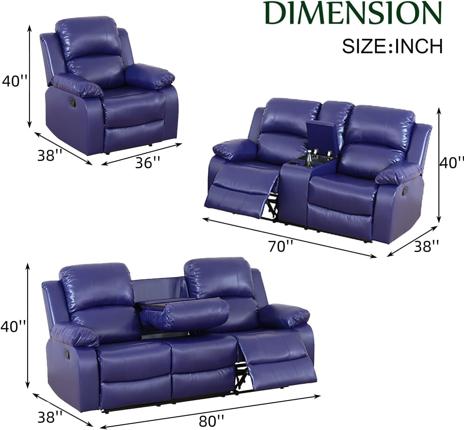 Leather Recliner Sofa Set，Leather Reclining Sofa Set for Living Room Furniture Sets，Dark Blue Recliner Couch Set for Living Room/Office/Theater Seating(Sofa Set 3 Pieces)-1