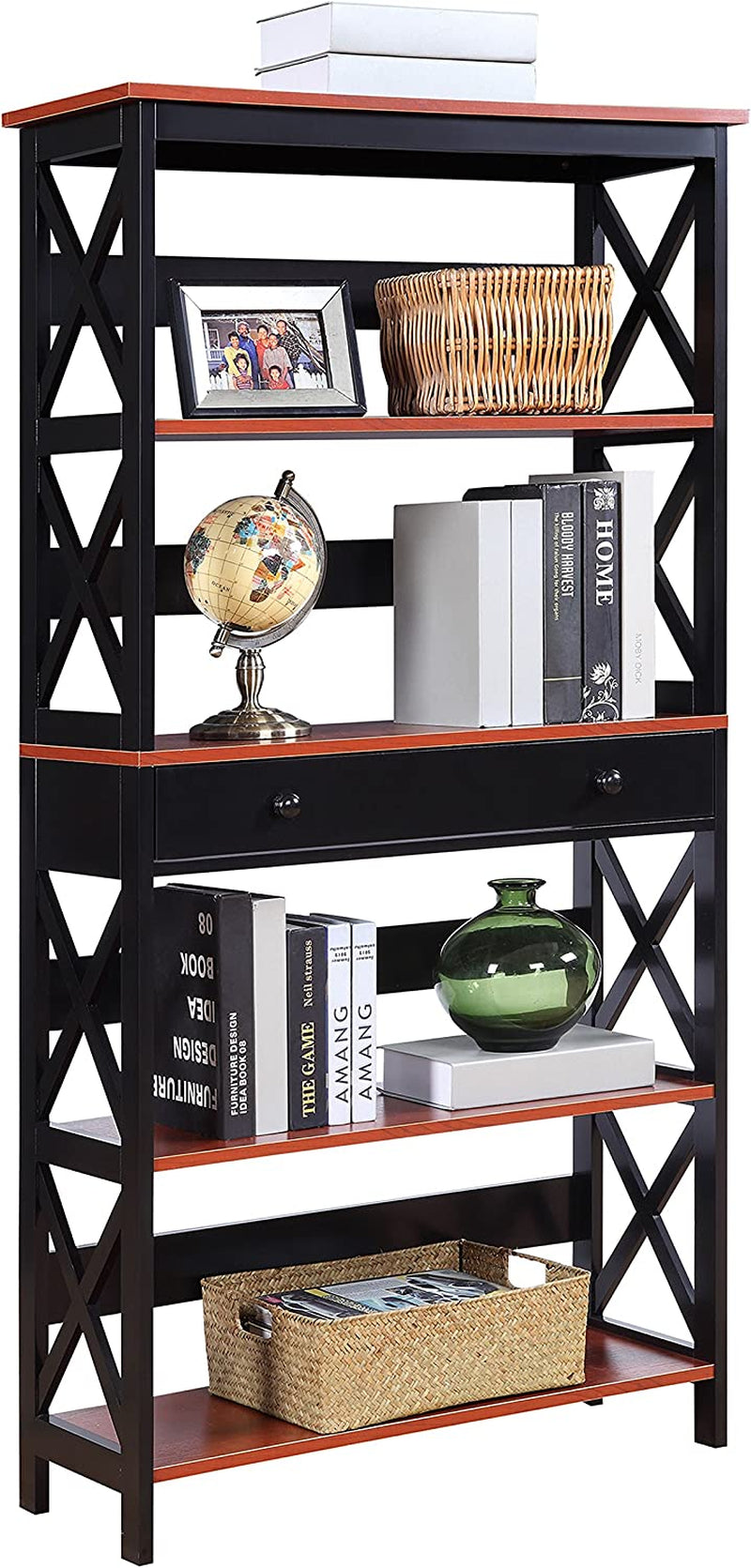 Cherry/Black Oxford Bookcase with Drawer (5 Tier)-2