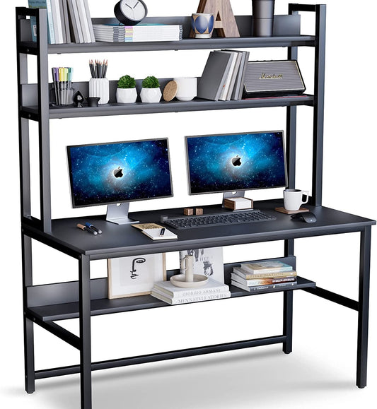 Black Computer Desk with Hutch and Bookshelf-0