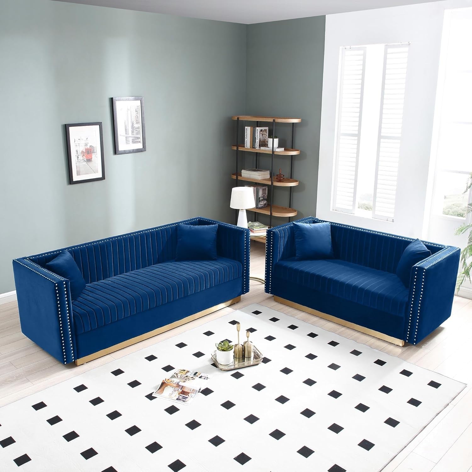 Velvet Sofa Set: Modern L Shaped Couch and Loveseat Set with Gold Metal Legs and Nailhead for Living Room, Apartment and Office (Blue)-0