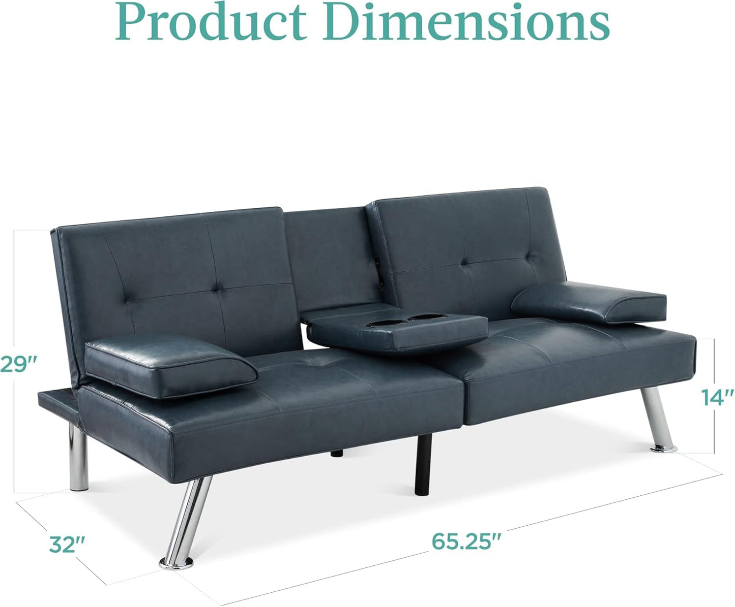 Faux Leather Upholstered Modern Convertible Futon, Adjustable Folding Sofa Bed, Guest Bed W/Removable Armrests - Blue-2