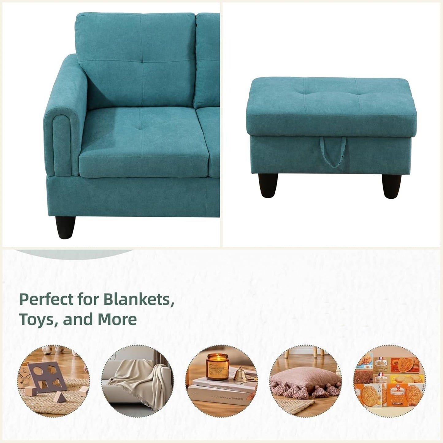 L Shaped Sectional Couches for Living Room, Modern Modular Sectional Sofa with Ottoman Storage, Comfy L Shaped Couch with Chaise for Bedroom Apartment Furniture, Green-3