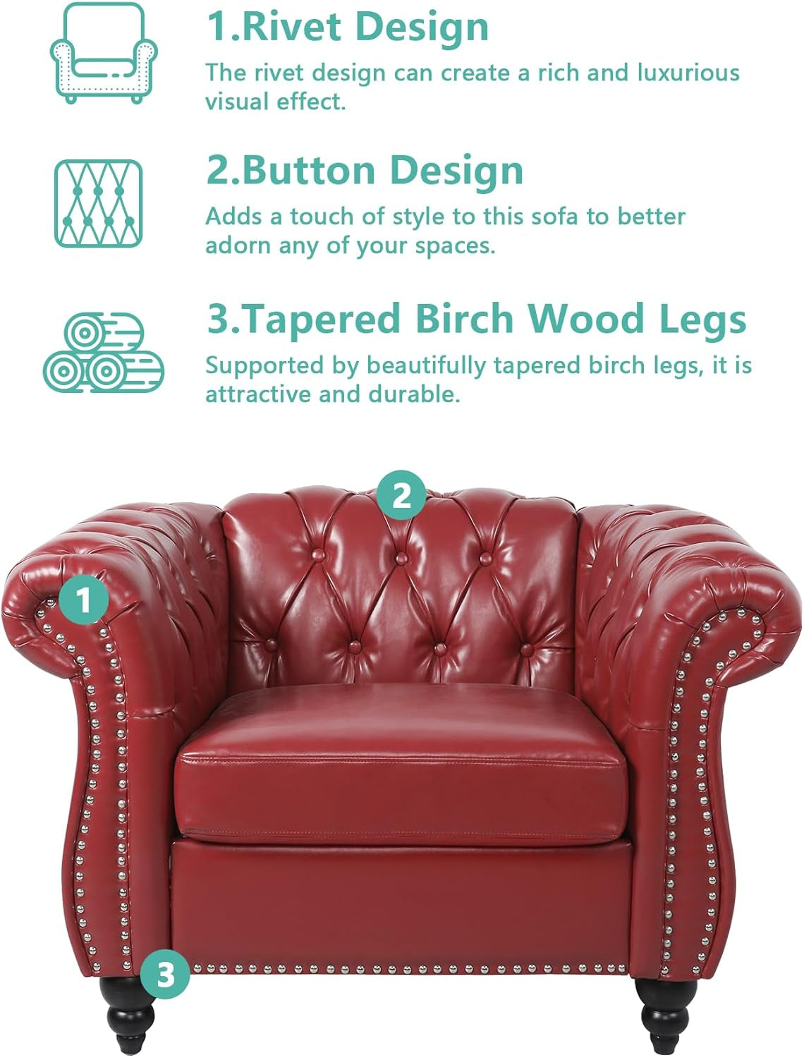 3 Piece Living Room Set, Sectional Chesterfield Sofa Chair Contemporary Upholstered Leather Loveseat Couch Sets for Living Room, Bedroom, Office-2