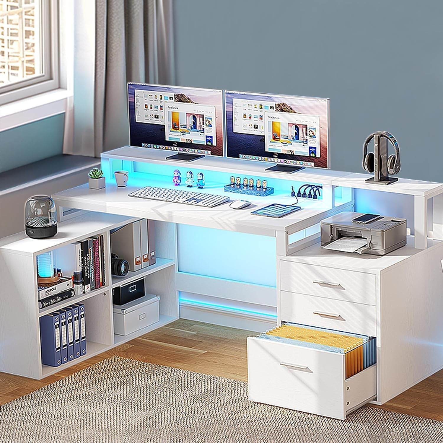 L Shaped Desk with 3 Drawers, 65" Corner Computer Desk with Power Outlets & LED Lights, L-Shaped Desk with File Cabinet & Printer Stand for Home Office, White-2