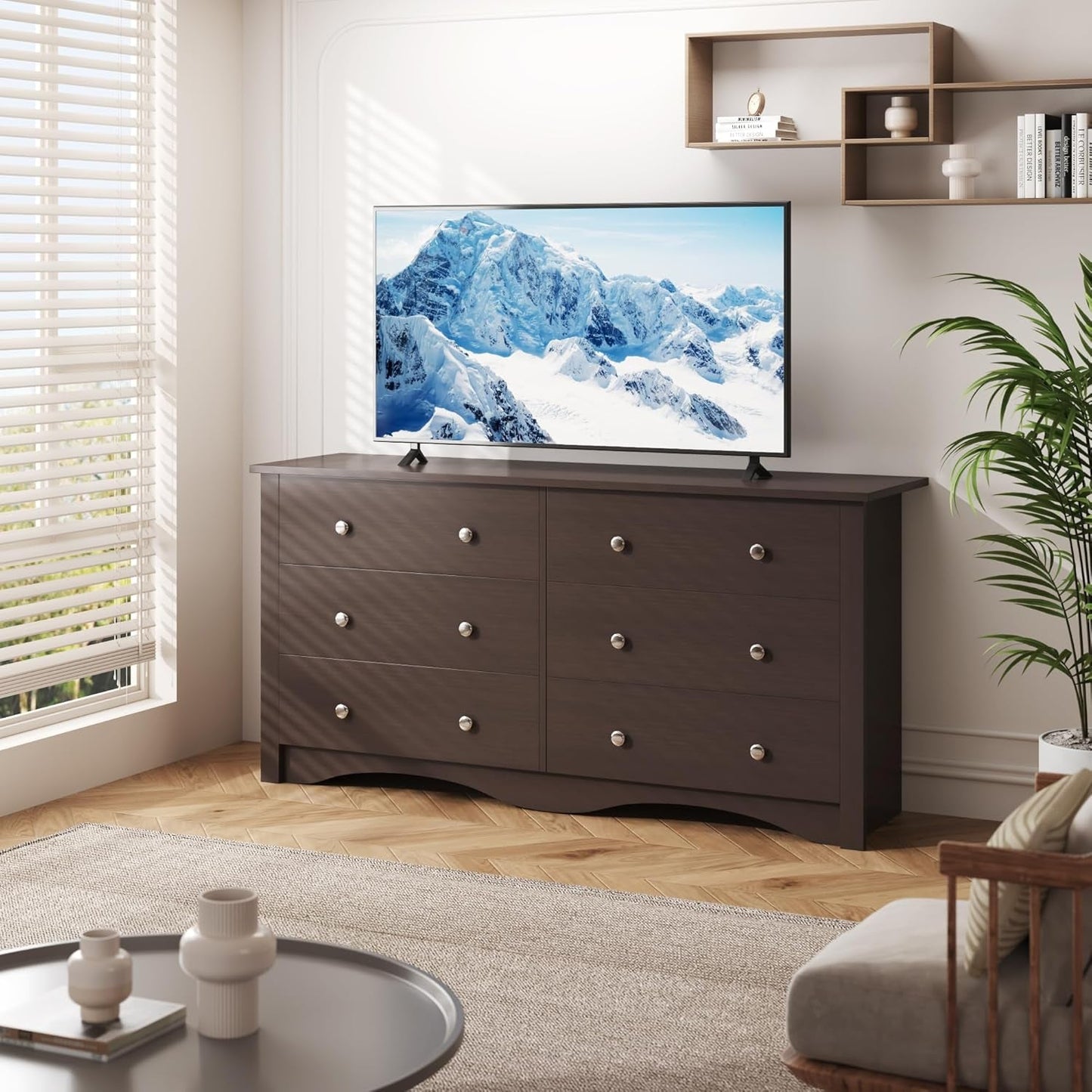 6 Wood Drawers Dresser for Bedroom, Double Dresser for TV up to 65 Inch, TV Stand Storage Chest of Drawers for Living Room Hallway Entryway (Brown)-1