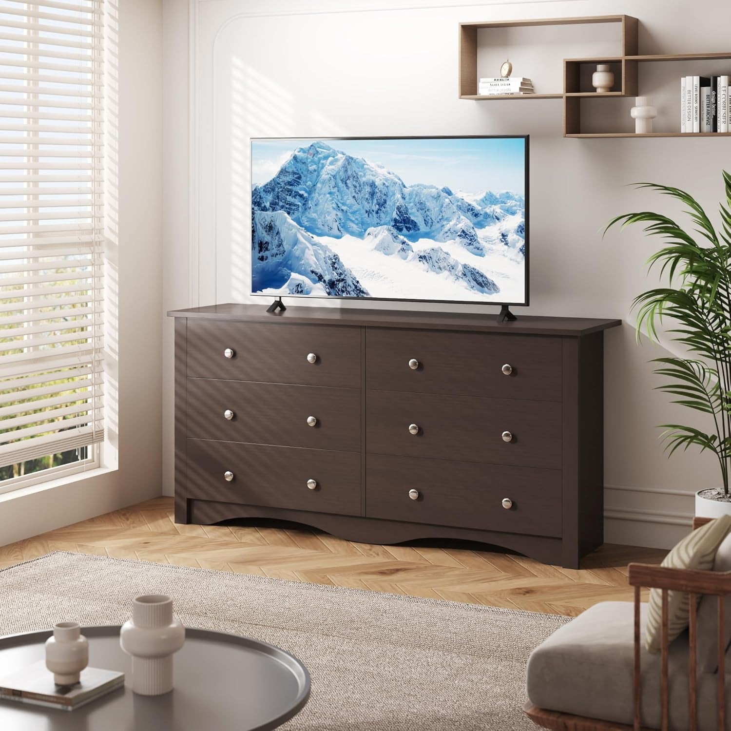 6 Wood Drawers Dresser for Bedroom, Double Dresser for TV up to 65 Inch, TV Stand Storage Chest of Drawers for Living Room Hallway Entryway (Brown)-1