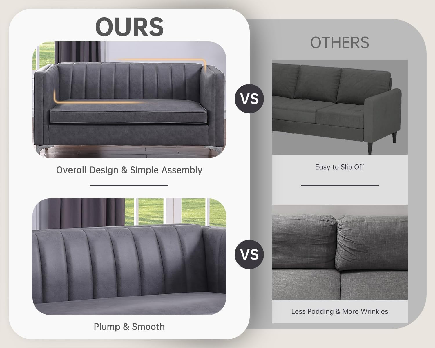 3 Pieces Living Room Furniture Small Sofa Set, Faux Leather Comfy Couch Set Modern Minimalist Upholstered with Metal Legs for Bedroom, Apartment Office, Grey-3