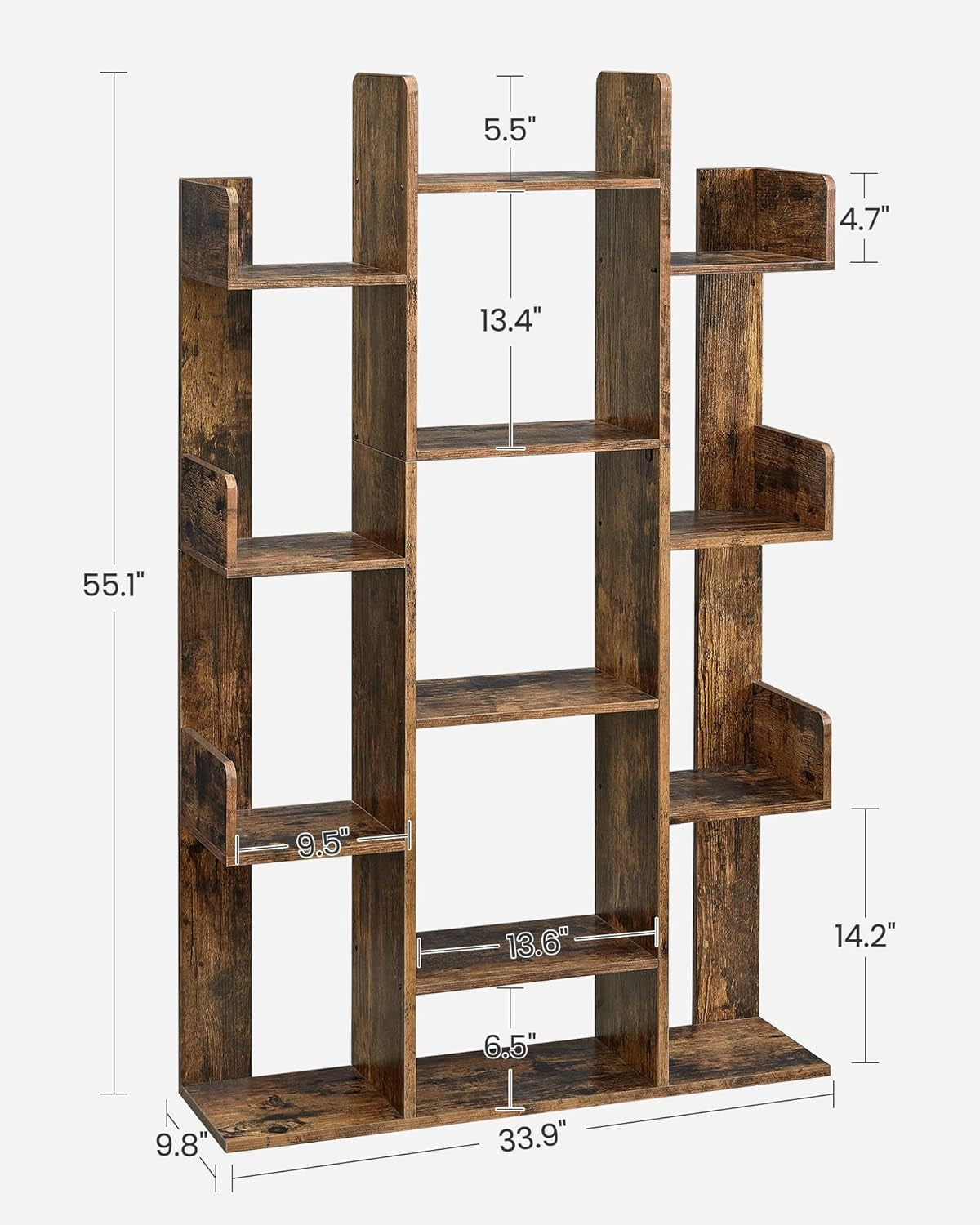 Bookshelf, Tree-Shaped Bookcase with 13 Storage Shelves, Rounded Corners, 9.8”D X 33.9”W X 55.1”H, Rustic Brown ULBC67BXV1-2
