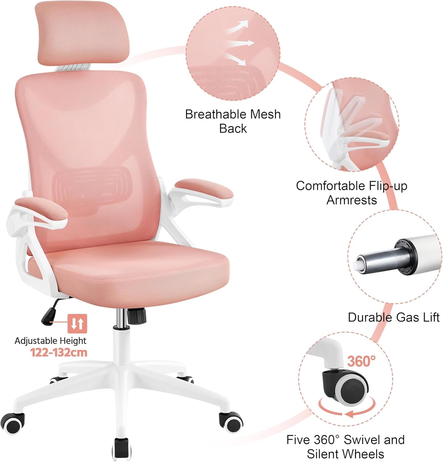 Ergonomic Office Chair, High Back Mesh Desk Chair with Flip-Up Armrests, Adjustable Headrest Computer Chair with Lumbar Support for Home Oiffce Gaming Room, White/Pink-2