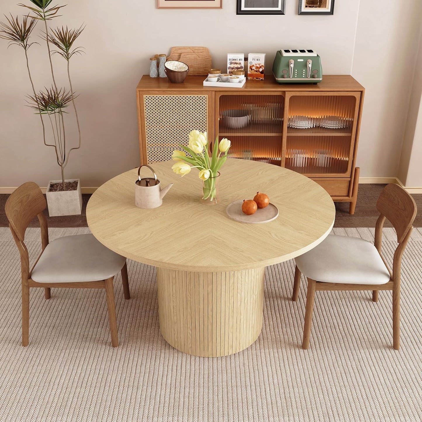 Round Dining Table for 4, Modern Farmhouse Kitchen Table, 47 Inch Small Circle Dining Tables with Wood Strip Base for Kitchen Living Room (Natural)-2