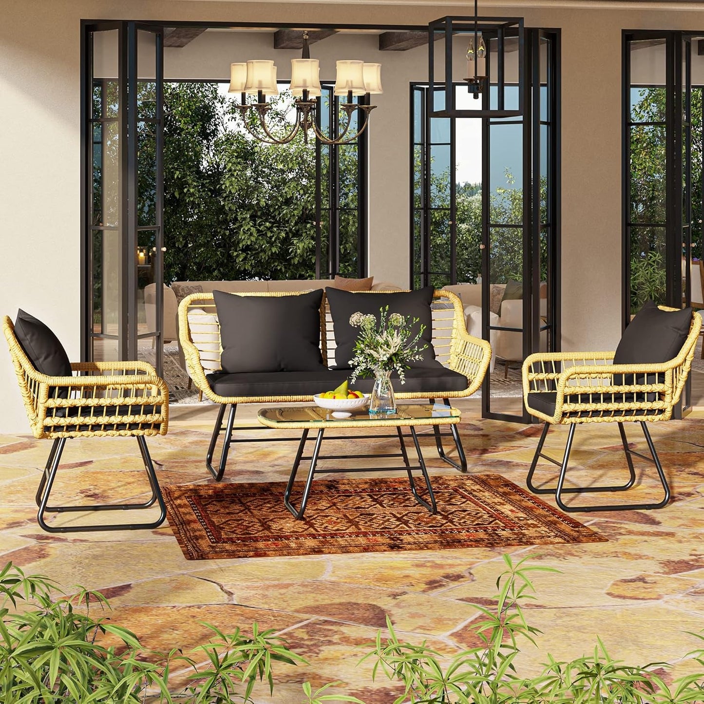 4-Piece Patio Furniture Wicker Outdoor Bistro Set, All-Weather Rattan Conversation Loveseat Chairs for Backyard, Balcony and Deck with Soft Cushions and Metal Table (Light Brown+Black)-1