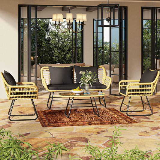 4-Piece Patio Furniture Wicker Outdoor Bistro Set, All-Weather Rattan Conversation Loveseat Chairs for Backyard, Balcony and Deck with Soft Cushions and Metal Table (Light Brown+Black)-1
