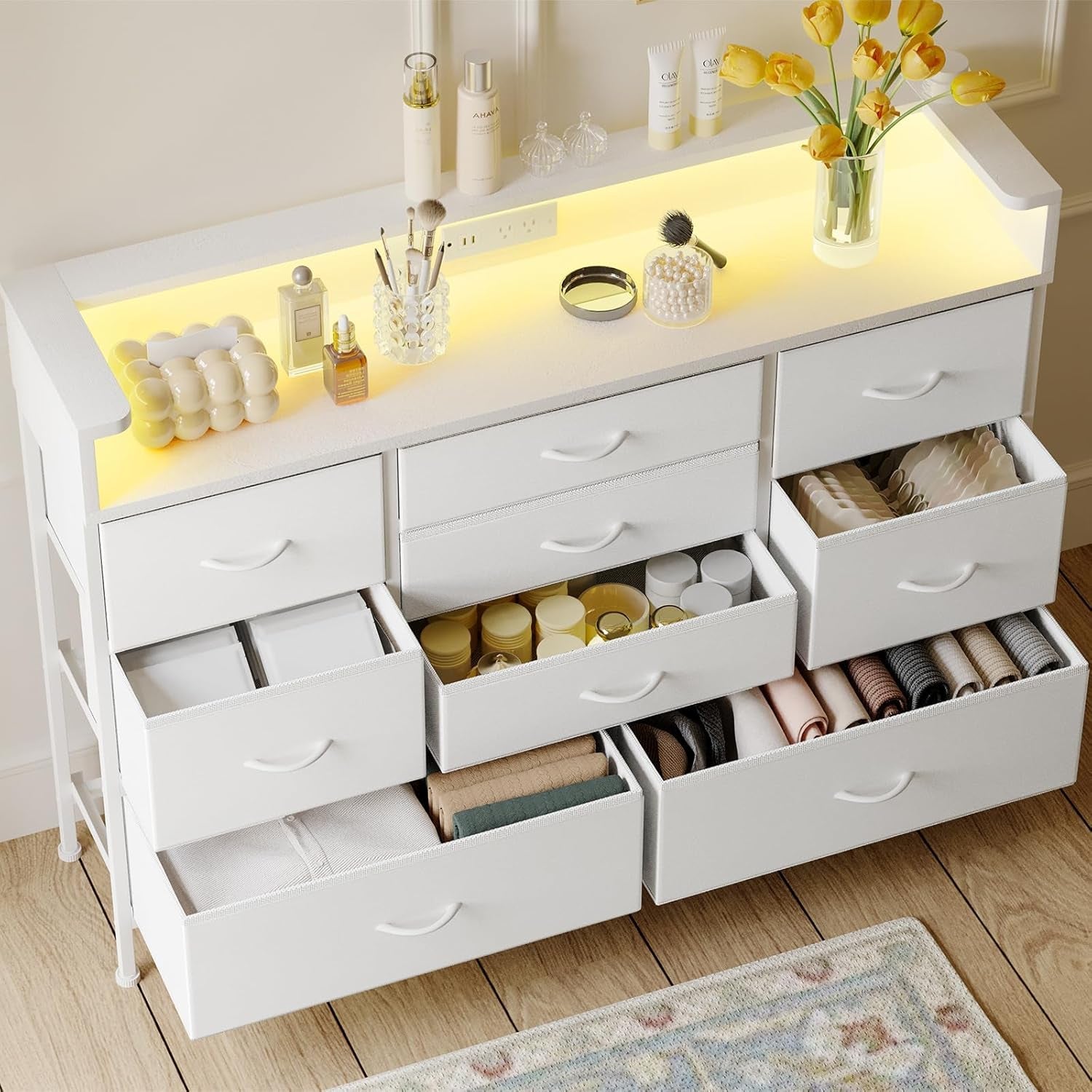 White LED Dresser with 9 Drawers and Charging Station-4