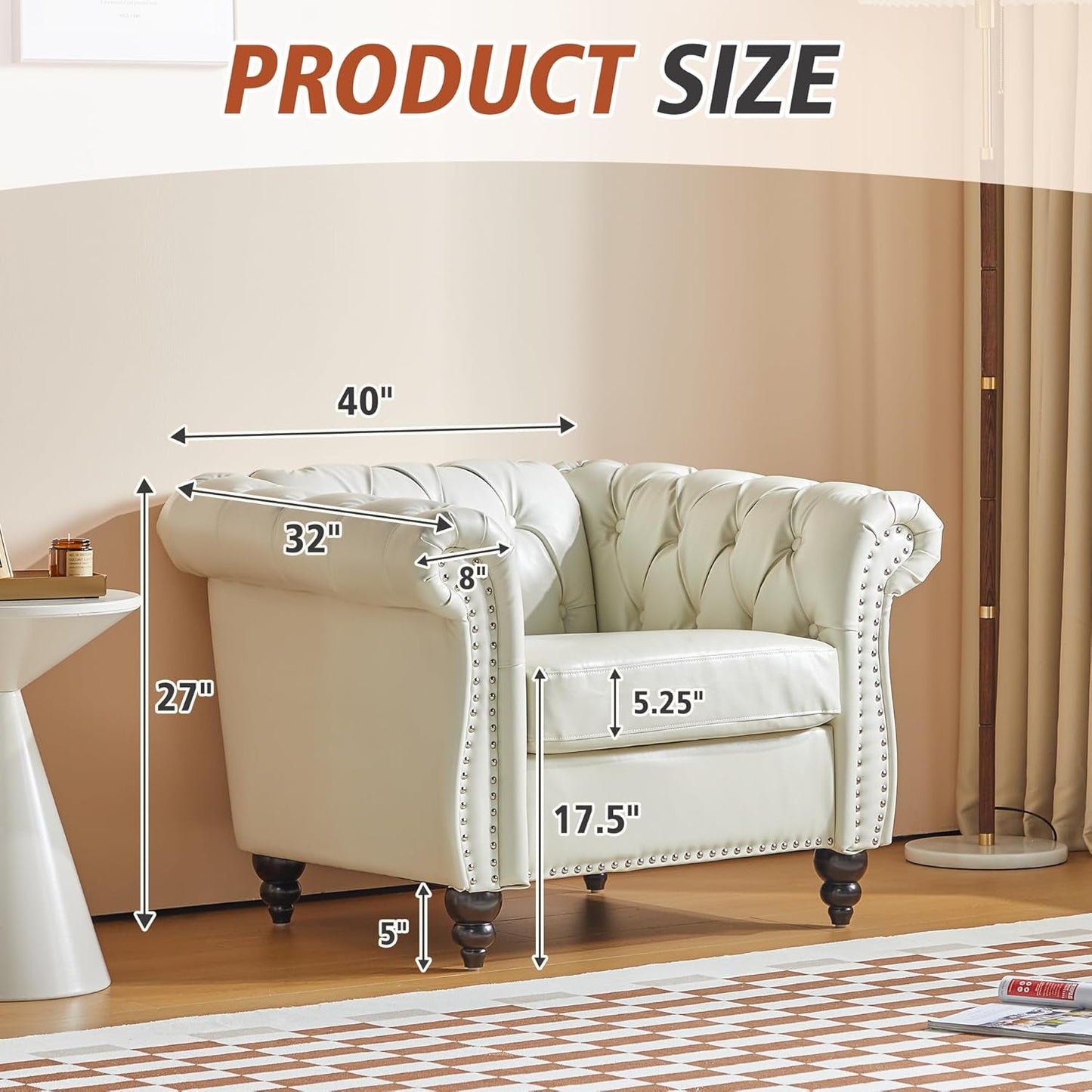 3 Piece Living Room Set, Chesterfield Faux Leather Sofa Loveseat Couch Chair with Scroll Arms and Nailhead for Living Room, Office (White)-1