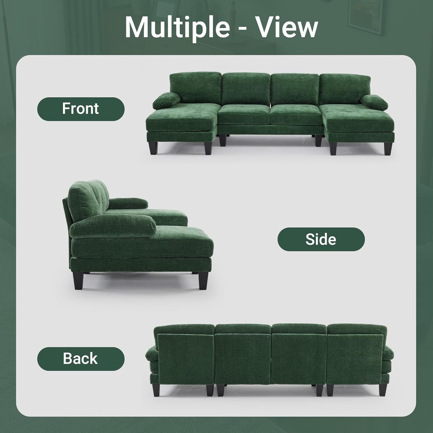 Forest Green 110" U-Shape Sectional Couch Double Chaise-4