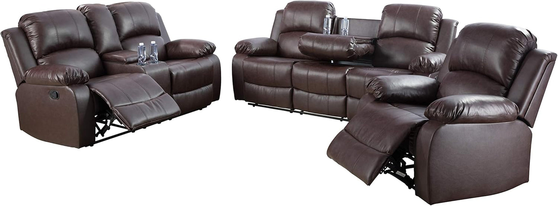 3-Piece Living Room Reclining Sofa Set|Bonded Leather Upholstery|Manual Reclining with Drop down Table and Mid Console (Brown, 3 Pieces)-0