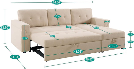 Jenny Sectional Sofa Sleeper with Storage Chaise, Tufted Pull Out Couch with Storage, Sectional Sofa Bed, L-Shaped Reversible Sleeper Sofa with Storage, Beige,Velvet-1