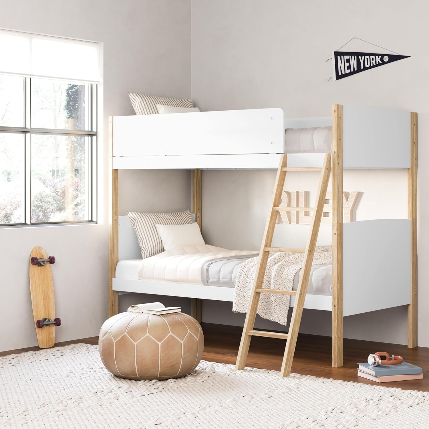 Next Delray Twin-Over-Twin Convertible Bunk Bed (White with Natural) – Modern, Stylish, 2-Tone Bunk Bed for Kids Bedroom-1