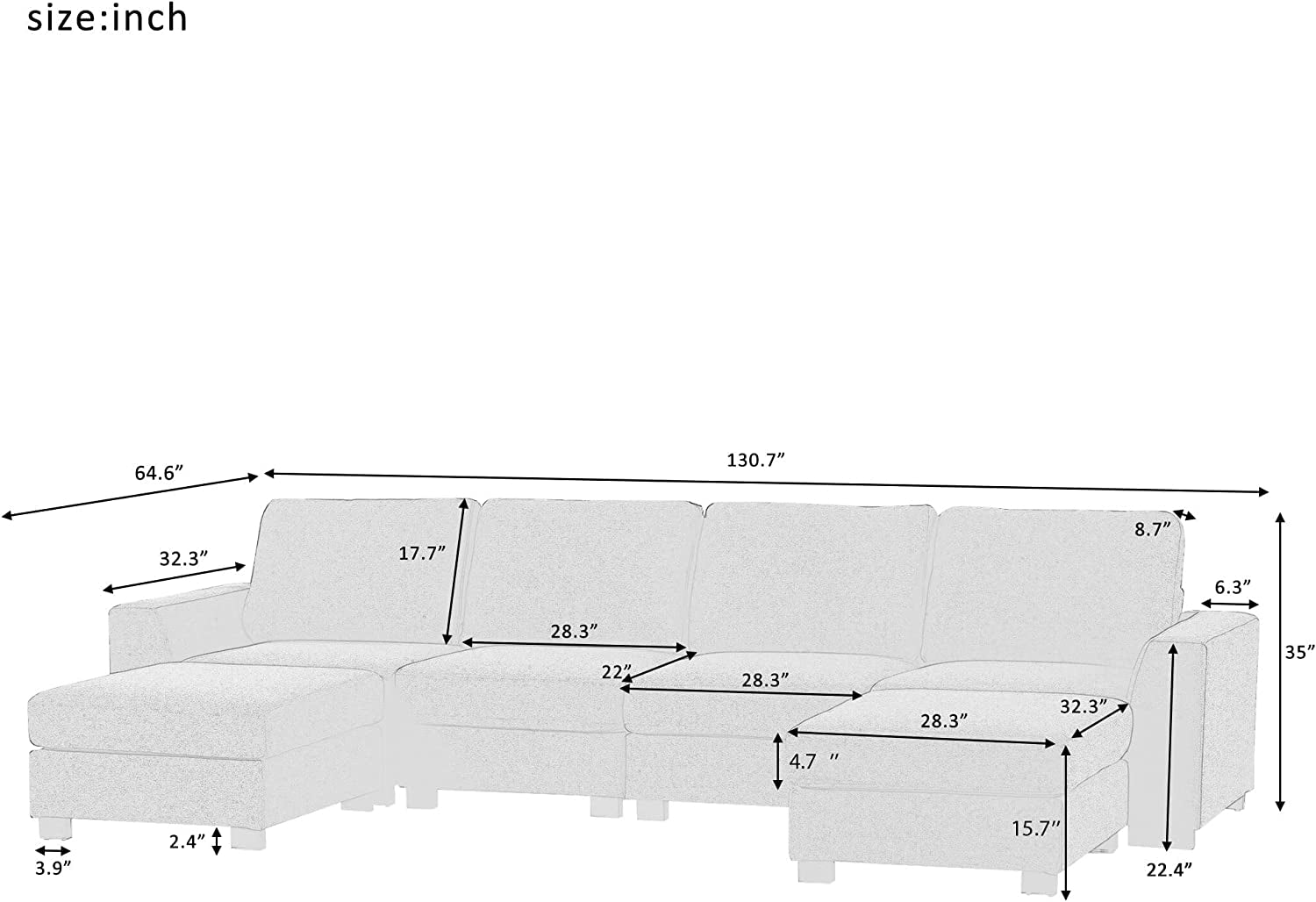 Convertible Sectional Sofa Couch, Modern Fabric U-Shaped Living Room Furniture Set with Removable Ottomans, 4-Seat Upholstered Couch with Wide Armrest for Office, Apartment-1