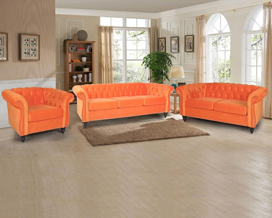 3 Pieces Living Room Furniture Sofa Set, Orange, Chesterfield Style, Velvet Upholstery, Nailhead Trim, Scrolled Arms, 1 Loveseat, 1 Club Chair, 1 Sofa-0