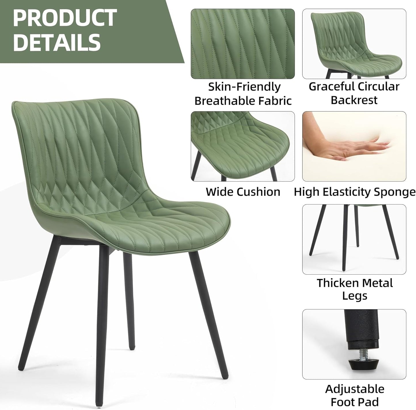 Dining Chairs Set of 2, Mid-Century Modern Upholstered Dining Chairs, Armless Faux Leather Accent Chairs with Backrest, Living Dining Room Chairs with Metal Legs for Dining Room, Green-4