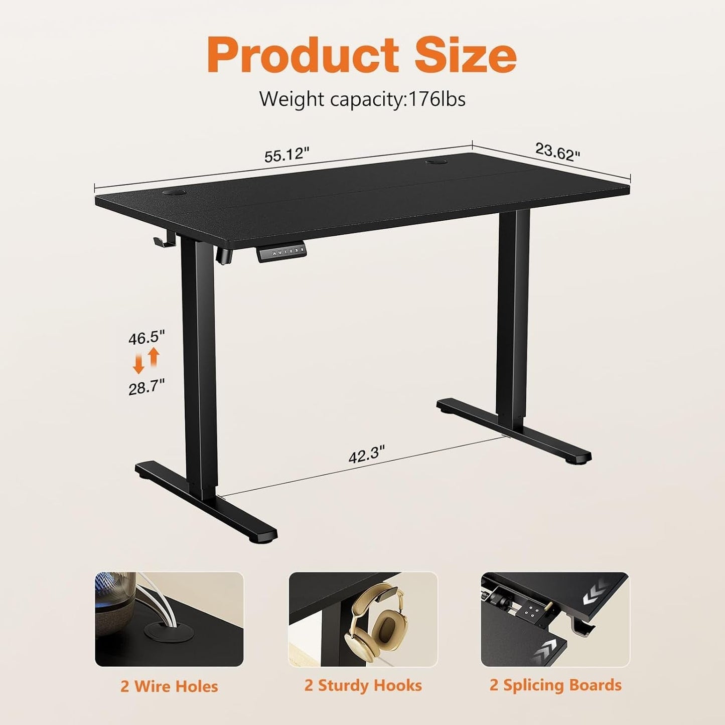 Electric Adjustable Height Standing Desk - 55 X 24 Inch Sit to Stand up Desk with Splice Board, Rising Home Office Computer Table with 2 Hook and Wire Hole for Work-2