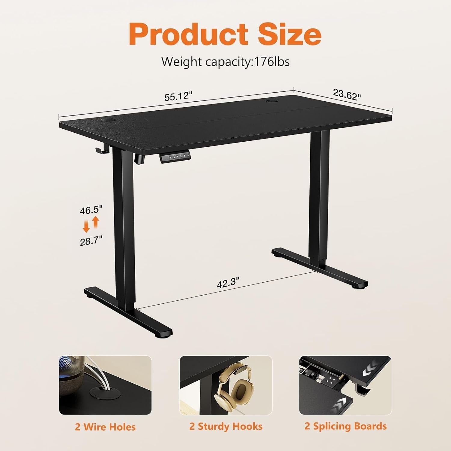 Electric Adjustable Height Standing Desk - 55 X 24 Inch Sit to Stand up Desk with Splice Board, Rising Home Office Computer Table with 2 Hook and Wire Hole for Work-2