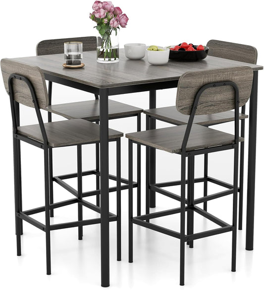 5-Piece Dining Table Set W/Counter Height Table & 4 Bar Stools, Modern Kitchen Dining Set W/Footrest & Backrest, Space-Saving Dinette Set for Pub, Dining Room, Restaurant (Black Oak)-0
