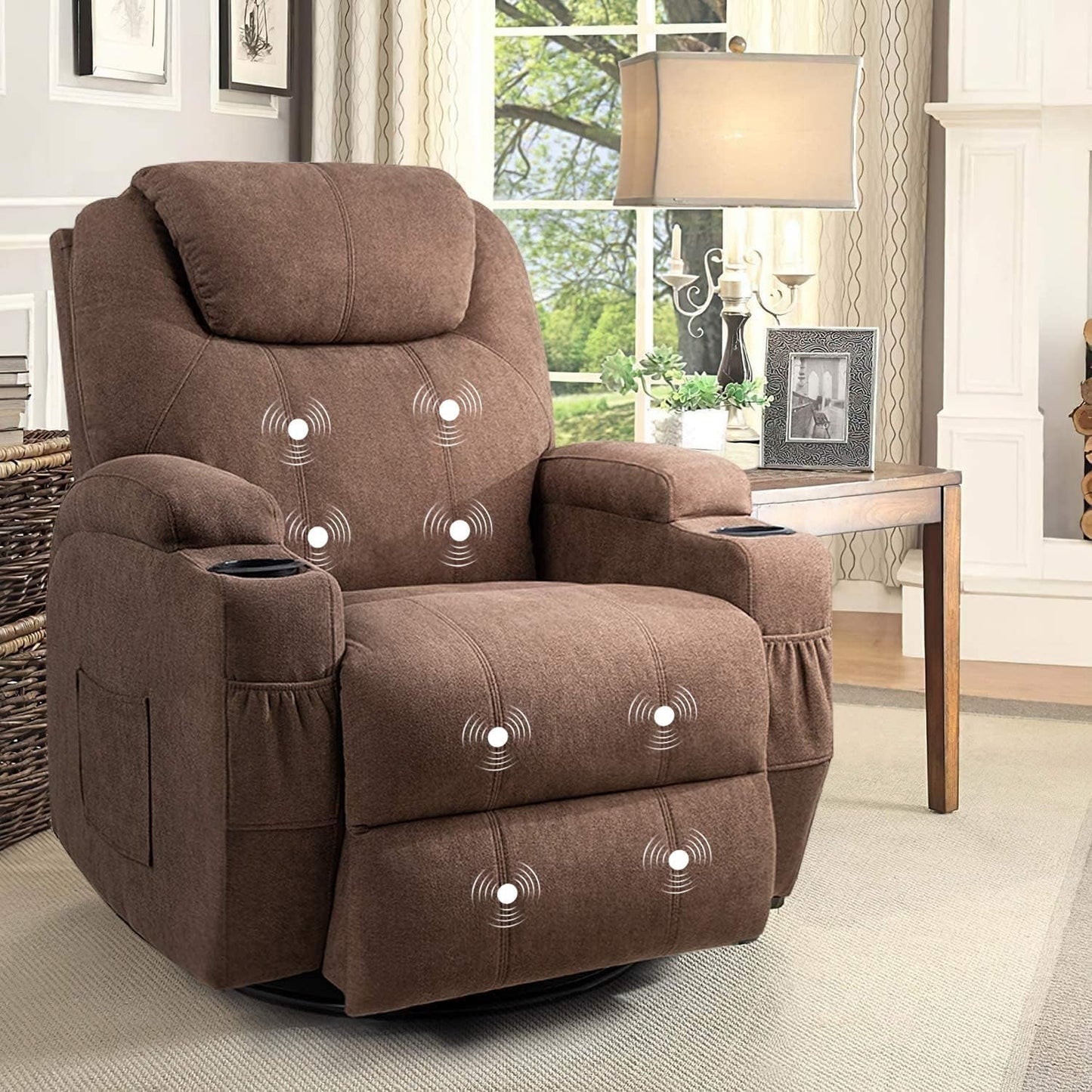 Rocking Chair Recliner Chair with Massage Swivel Ergonomic Lounge Chair Classic Single Sofa with 2 Cup Holders Side Pockets Living Room Chair Home Theater Seat (Brown)-0