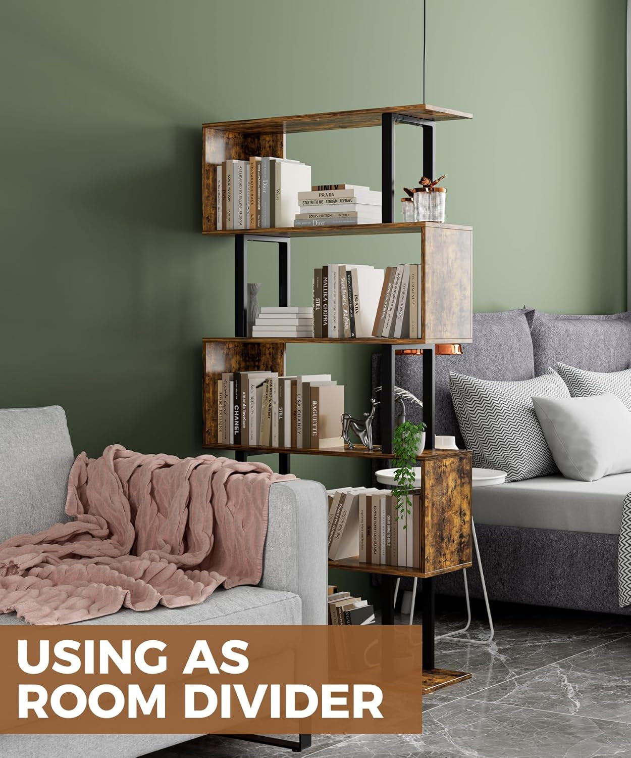 5-Tier Geometric Bookcase,S Shaped Bookshelf, Wood Decorative Storage Shelving, Modern Freestanding Display Shelves, Tall Book Shelf Unit for Living Room Bedroom, Rustic Brown-4