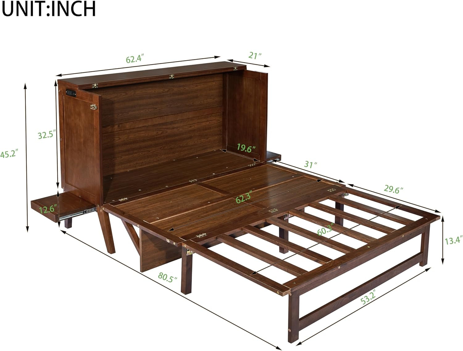 Walnut Queen Murphy Bed Desk Pull-Out Shelves-3