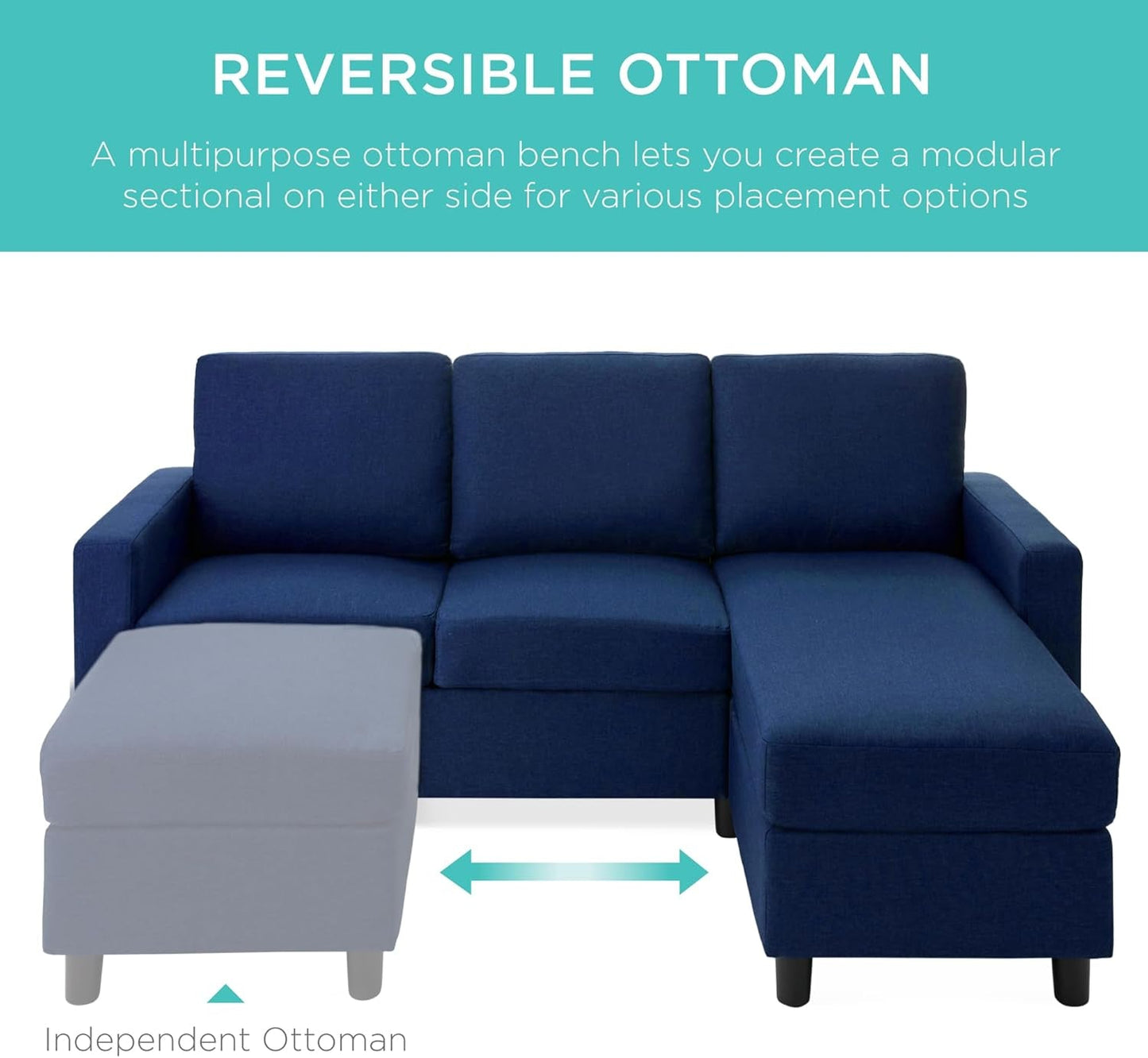 Upholstered Sectional Sofa for Home, Apartment, Dorm, Bonus Room, Compact Spaces W/Chaise Lounge, 3-Seat, L-Shape Design, Reversible Ottoman Bench, 680Lb Capacity - Dark Blue-2