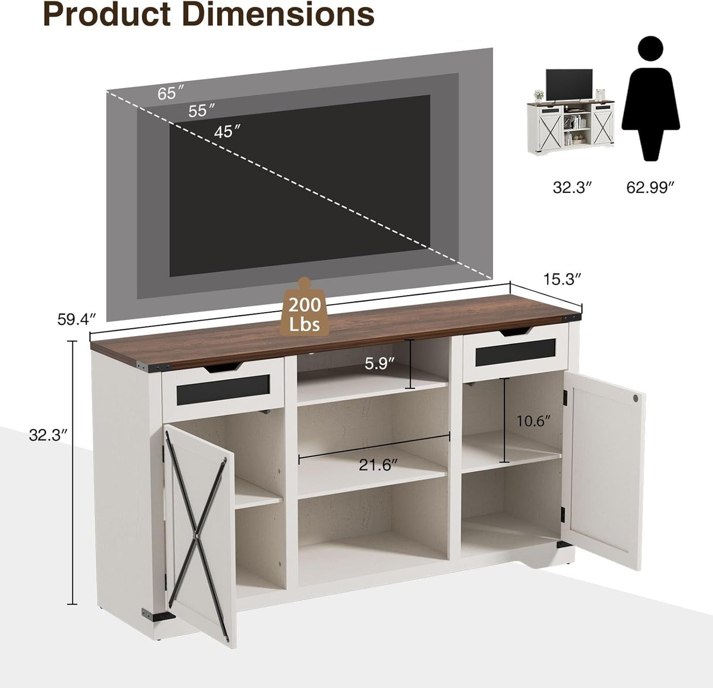 Tall TV Stand, White Entertainment Center with Storage Cabinets for 65 Inch TV, 60'' Modern Media Console Table with Drawers and Adjustable Shelves, Television Stands for Living Room-3