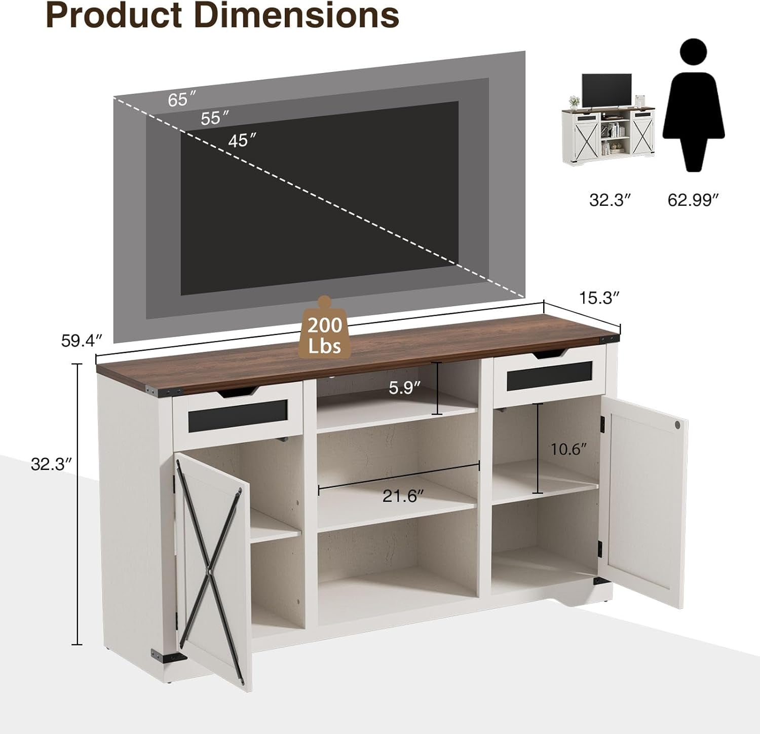 Tall TV Stand, White Entertainment Center with Storage Cabinets for 65 Inch TV, 60'' Modern Media Console Table with Drawers and Adjustable Shelves, Television Stands for Living Room-3