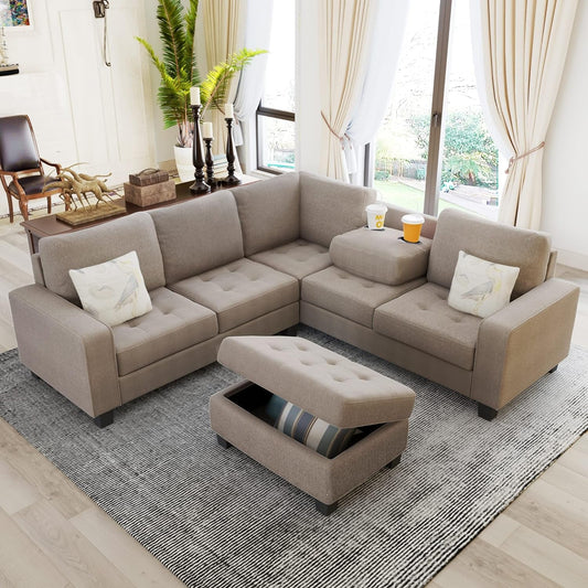 Sectional Sofas 3-Seat Sofa Sectional Sofa Couches with Reversible Chaise Storage Ottoman and 2 Cup Holders, Sofa Lounge and Ottoman for Living Room Furniture-0