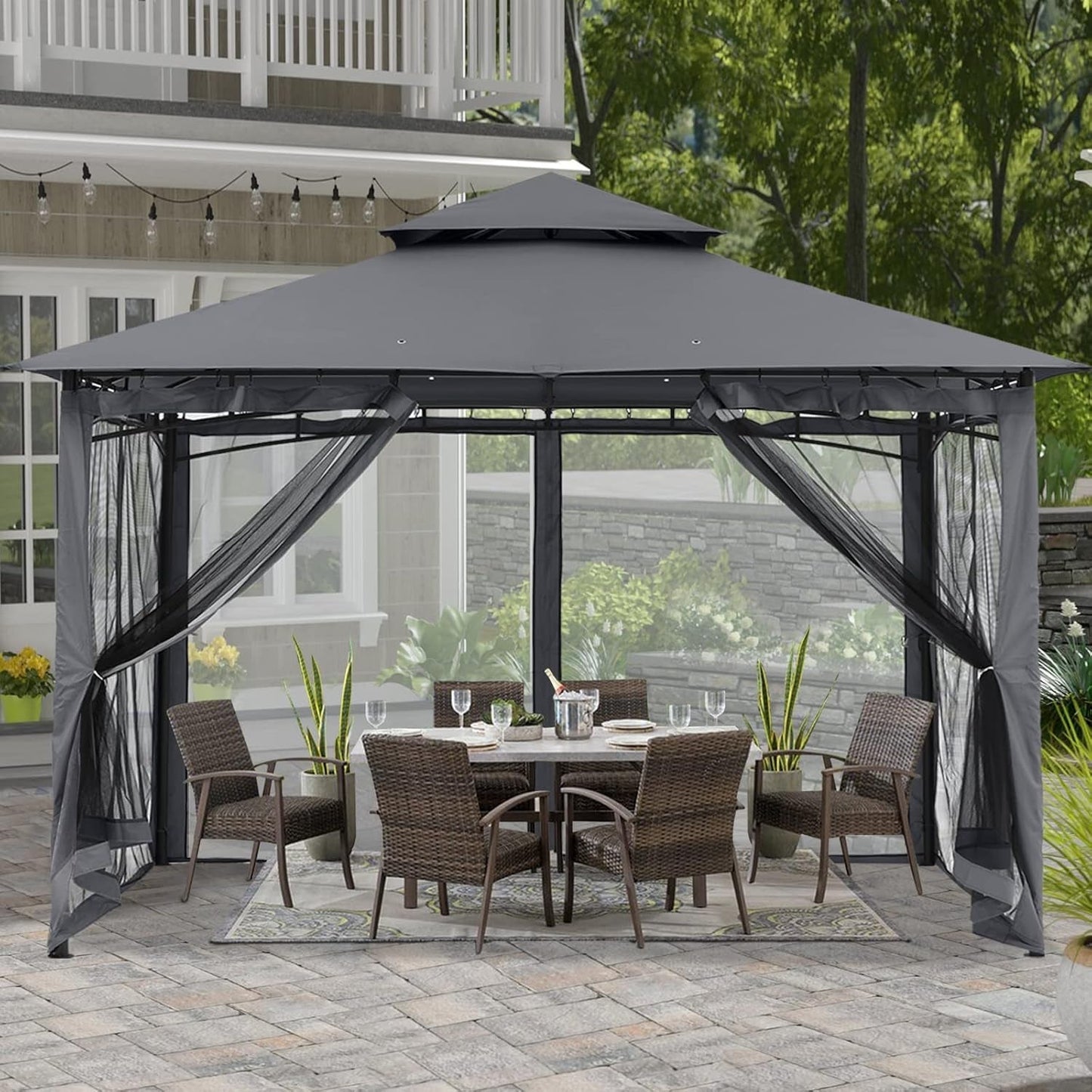 10x12 Patio Gazebo Steel Frame Mosquito Netting Gray-0
