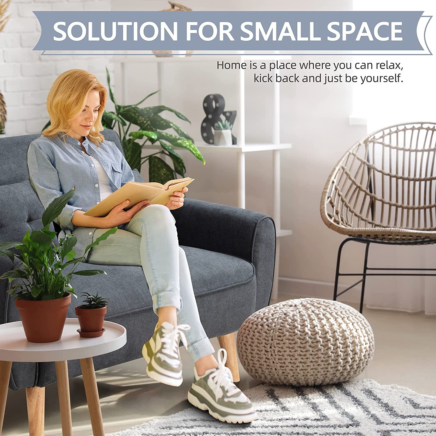 Grid Tufted Loveseat Sofa with Wood Legs (Yellow)-3