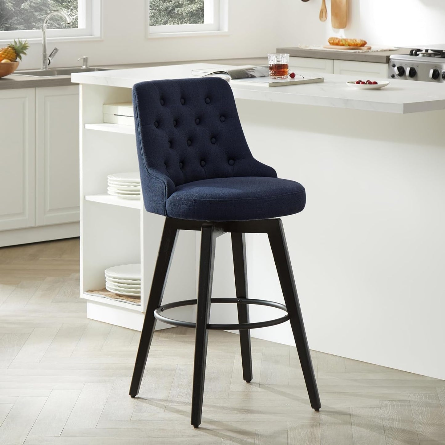Bar Stools, 360° Swivel Upholstered Bar Stool with Back, 30" H Bar Height Barstools, Set of 2, Performance Fabric in Insignia Blue-3