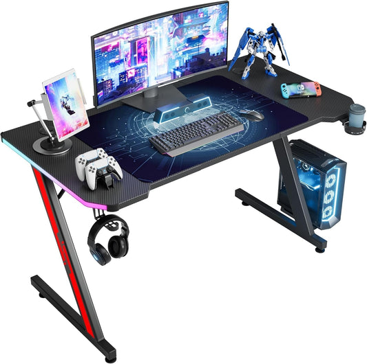 Gaming Computer Desk with Carbon Fiber Surface, Gaming Table Z Shaped Pc Home Office with Cup Holder&Headphone Hook(55 In, Black, Led Light)-0