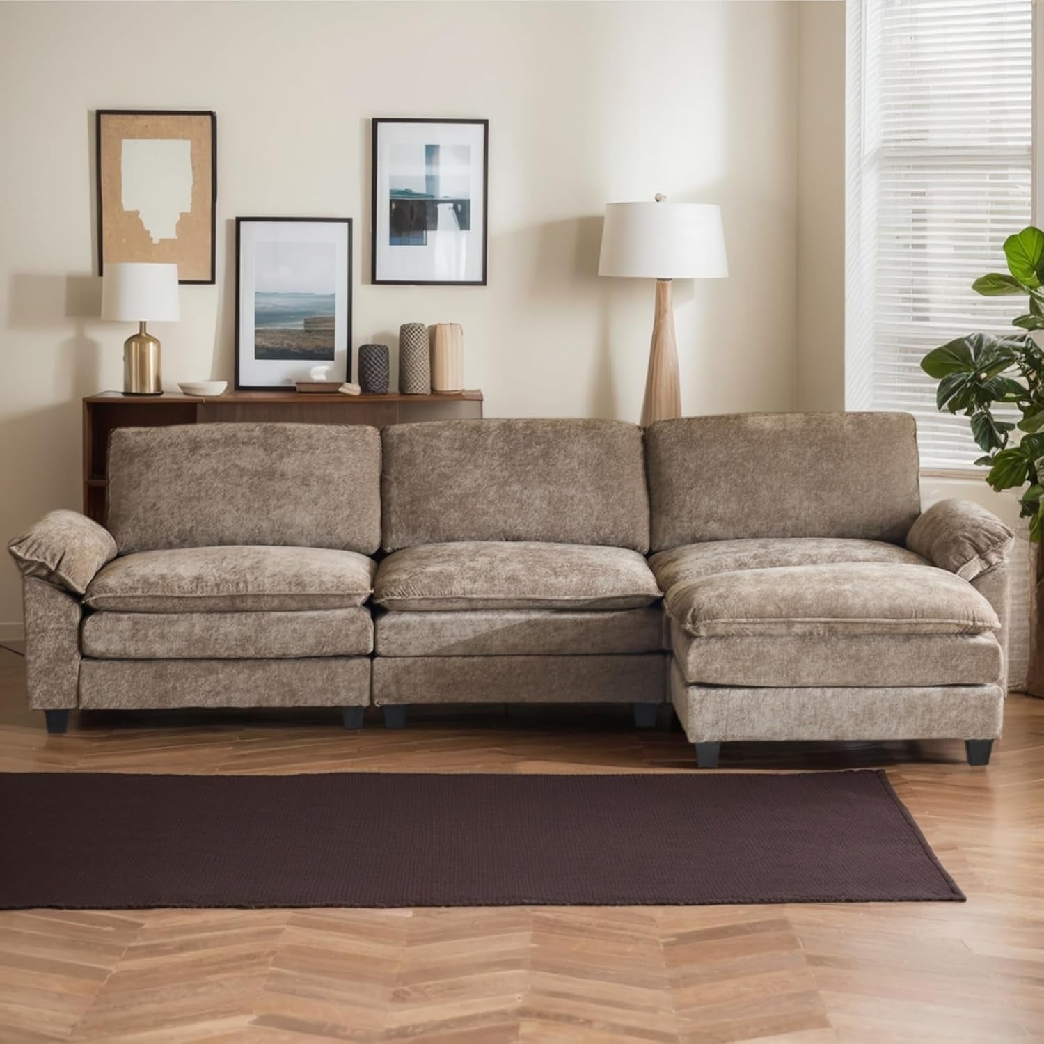 Sectional Sofa Modular Deep Seat Sofa Couch with Ottoman, Chenille Sofa Sleeper Comfy Upholstered Furniture for Living Room, Apartment, Studio, Office, (3-Seat & 1-Ottoman, Light Brown)-1