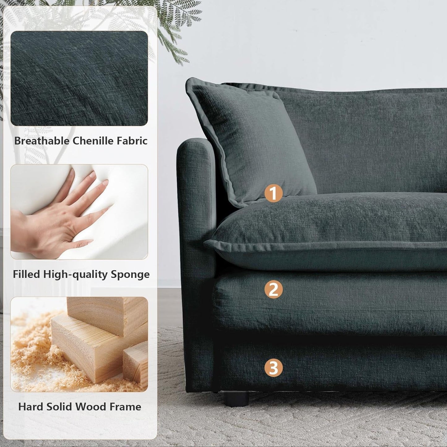 Luxury 2 Piece Loveseat Couch & Sofa Armchair Set, Modern Upholstered Chenille Cloud Couches Set Furniture with 5 Pillow for Living Room Bedroom Office Apartment, Grey-4