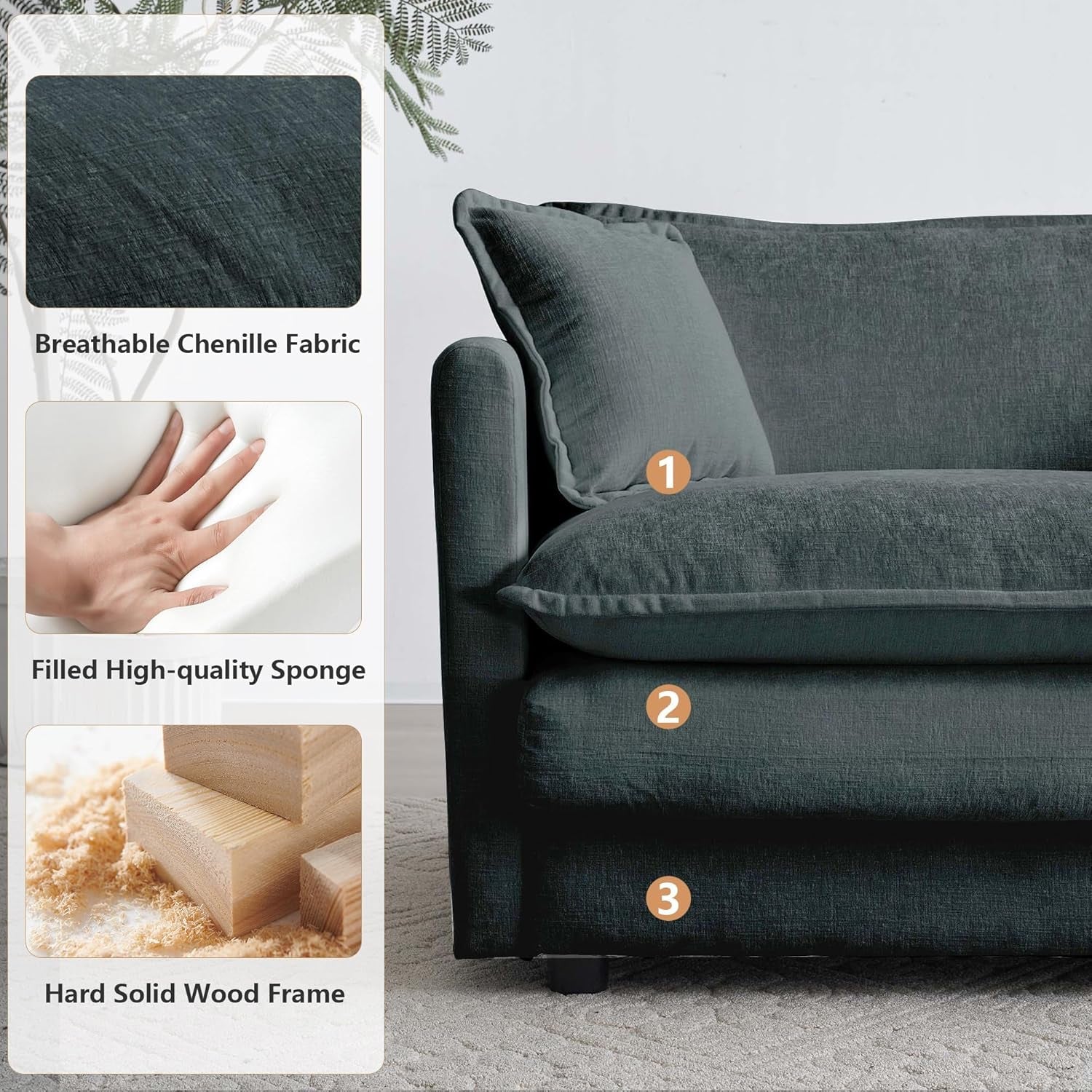 Luxury 2 Piece Loveseat Couch & Sofa Armchair Set, Modern Upholstered Chenille Cloud Couches Set Furniture with 5 Pillow for Living Room Bedroom Office Apartment, Grey-4