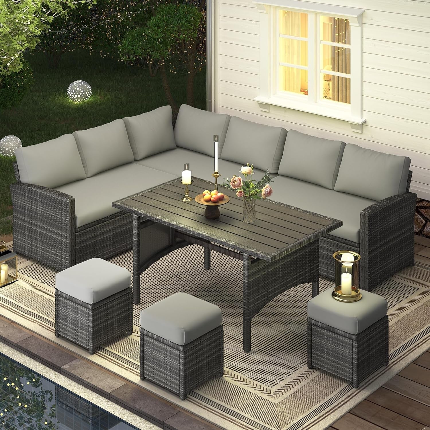 7 Pieces Patio Furniture Set, Outdoor Sectional Sofa Conversation Set, All Weather Wicker Rattan Dining Table & Chair with Ottoman, Grey Rattan&Grey Cushion-3