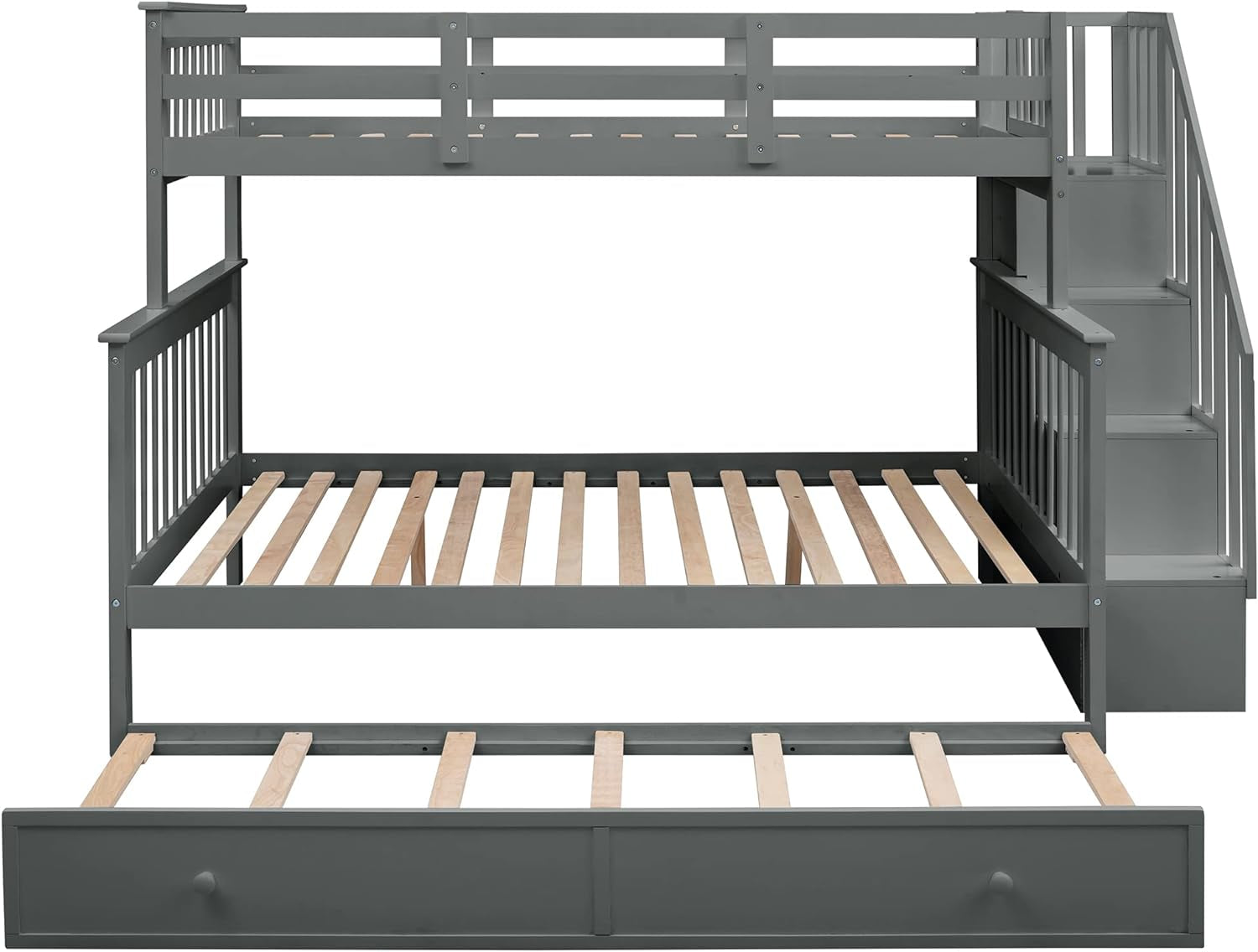 Twin over Full Bunk Bed, Wooden Bunk Bed Frame Twin over Full with Trundle and Storage Shelves, Twin over Full Size Bunk Beds with Staircases for Kids Teens Adults, Grey-4
