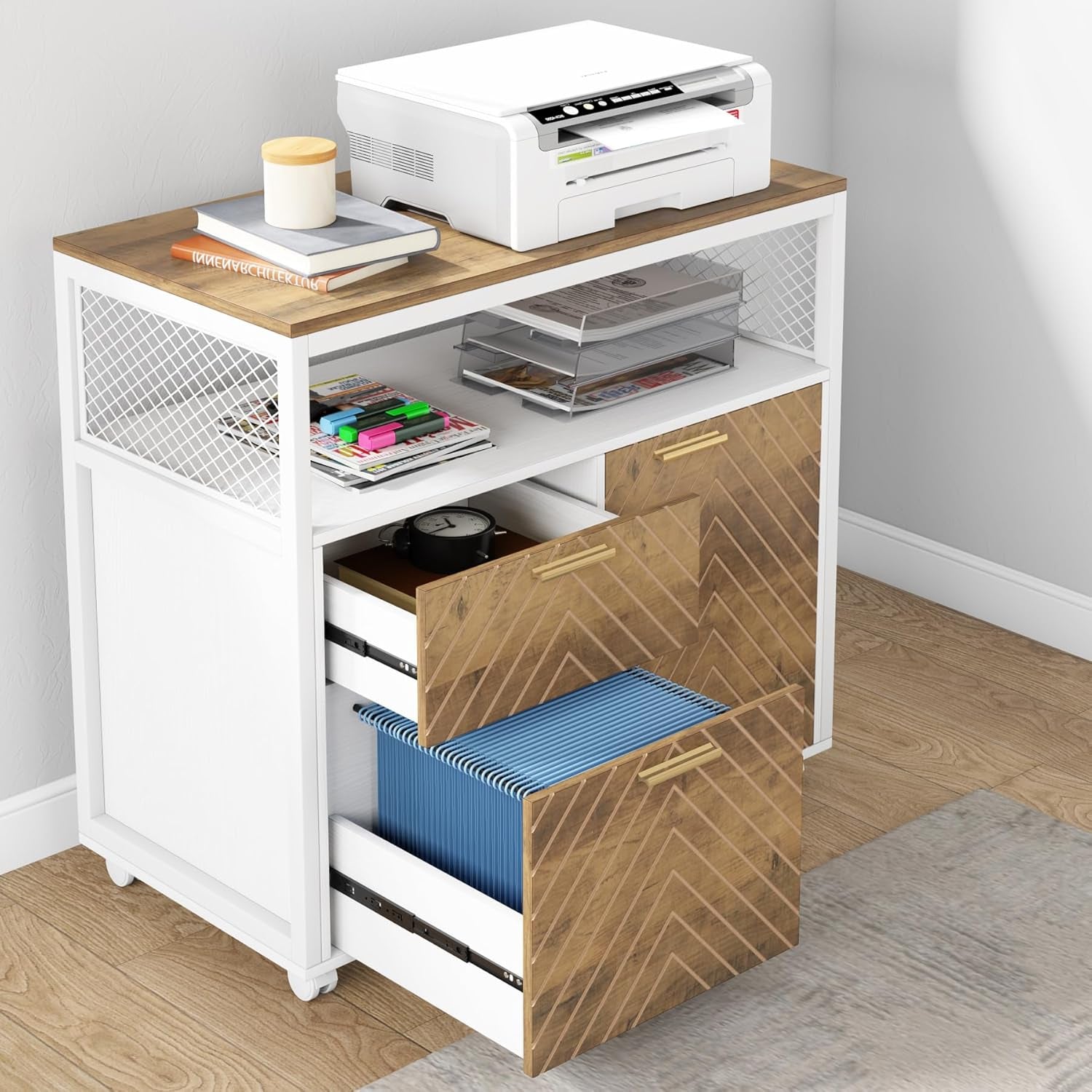 Modern File Cabinet with Drawers for Letter-Sized File and Door, Lateral Filing Cabinet Printer Stand with Storage Shelves and with Rolling Caster for Home Office-3