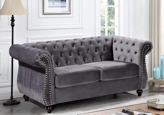 Modern Gray Velvet Chesterfield Loveseat-0